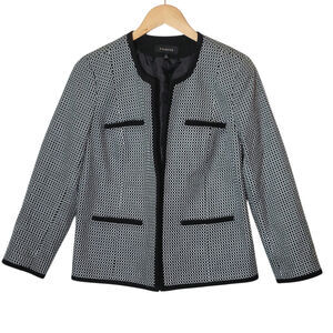 Talbots Black White Print Collarless Open Blazer Office Career Classic Jacket 10